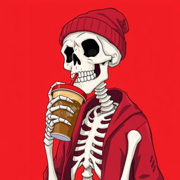 A 2D illustration of a skeleton wearing a red beanie and red jacket, drinking iced coffee from a to-go cup with a red lid, set against a vibrant red background