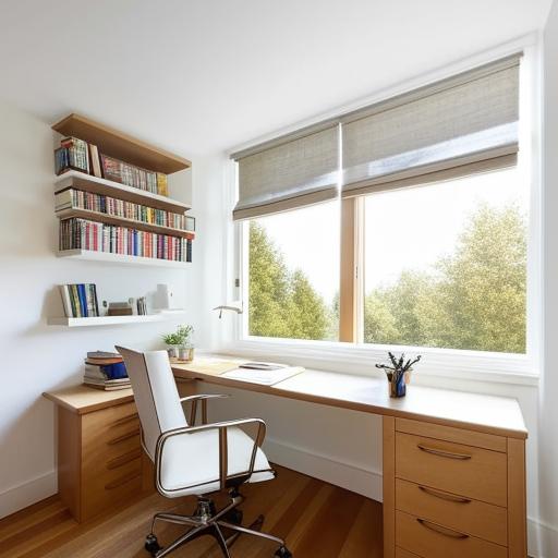 A modernly designed, well-lit home office with white walls. It has a spacious wooden desk, comfortable chair, shelves filled with books, and a large window with a great outdoor view.