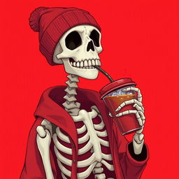 A 2D illustration of a skeleton wearing a red beanie and red jacket, drinking iced coffee from a to-go cup with a red lid, set against a vibrant red background