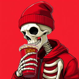 A 2D illustration of a skeleton wearing a red beanie and red jacket, drinking iced coffee from a to-go cup with a red lid, set against a vibrant red background