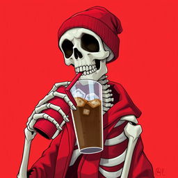 A 2D illustration of a skeleton wearing a red beanie and red jacket, drinking iced coffee from a to-go cup with a red lid, set against a vibrant red background