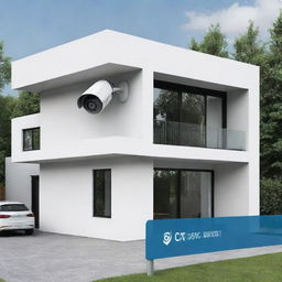 Design an eye-catching advertisement for a CCTV installation company, showing a modern house under surveillance with a CCTV camera strategically installed. Incorporate a professional logo and tagline of the company.