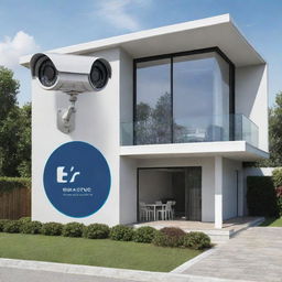 Design an eye-catching advertisement for a CCTV installation company, showing a modern house under surveillance with a CCTV camera strategically installed. Incorporate a professional logo and tagline of the company.