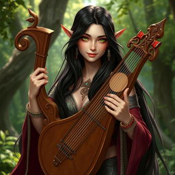 A half-elf bard with long, dark hair and enchanting green eyes