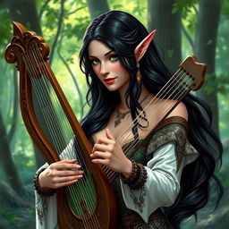 A half-elf bard with long, dark hair and enchanting green eyes