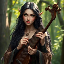 A half-elf bard with long, dark hair and enchanting green eyes