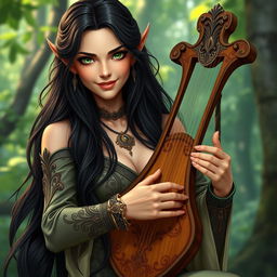 A half-elf bard with long, dark hair and enchanting green eyes