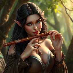 A half-elf bard with long, dark hair and captivating green eyes