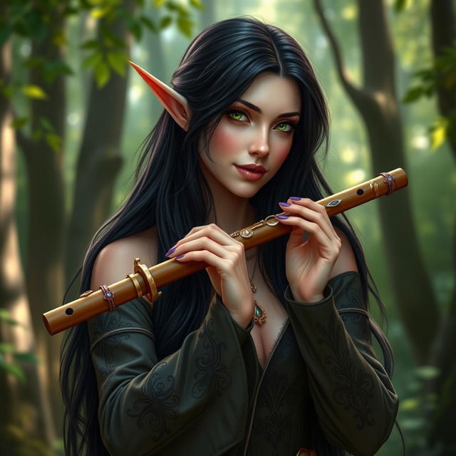 A half-elf bard with long, dark hair and captivating green eyes