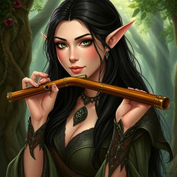 A half-elf bard with long, dark hair and captivating green eyes