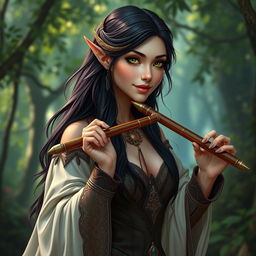 A half-elf bard with long, dark hair and captivating green eyes