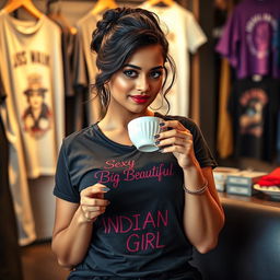 A seductive Indian woman with voluptuous curves is enjoying a cup of tea in a trendy t-shirt shop