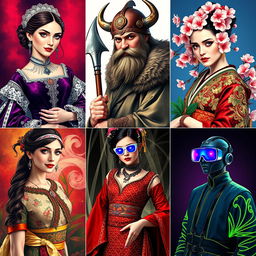 A collage of vibrant portraits representing different historical eras: a noblewoman from the Renaissance in a luxurious velvet gown with exquisite lace details, a fierce Viking warrior holding a traditional axe with a horned helmet, a graceful geisha in an elaborately patterned kimono surrounded by cherry blossoms, an elegant 1920s flapper with a beaded dress and a feathered headband, and a futuristic cyberpunk character with neon-lit attire and augmented reality glasses