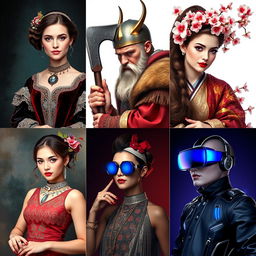 A collage of vibrant portraits representing different historical eras: a noblewoman from the Renaissance in a luxurious velvet gown with exquisite lace details, a fierce Viking warrior holding a traditional axe with a horned helmet, a graceful geisha in an elaborately patterned kimono surrounded by cherry blossoms, an elegant 1920s flapper with a beaded dress and a feathered headband, and a futuristic cyberpunk character with neon-lit attire and augmented reality glasses