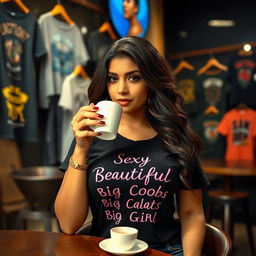 A seductive Indian woman with voluptuous curves is enjoying a cup of tea in a trendy t-shirt shop