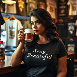 A seductive Indian woman with voluptuous curves is enjoying a cup of tea in a trendy t-shirt shop