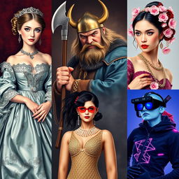 A collage of vibrant portraits representing different historical eras: a noblewoman from the Renaissance in a luxurious velvet gown with exquisite lace details, a fierce Viking warrior holding a traditional axe with a horned helmet, a graceful geisha in an elaborately patterned kimono surrounded by cherry blossoms, an elegant 1920s flapper with a beaded dress and a feathered headband, and a futuristic cyberpunk character with neon-lit attire and augmented reality glasses