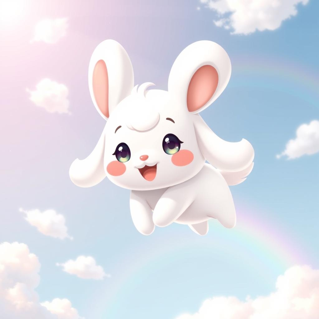 A delightful and cute depiction of Cinnamoroll, the adorable white puppy with long floppy ears resembling a cinnamon roll, flying happily in a dreamy, pastel-colored sky with fluffy clouds and a gentle rainbow