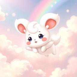 A delightful and cute depiction of Cinnamoroll, the adorable white puppy with long floppy ears resembling a cinnamon roll, flying happily in a dreamy, pastel-colored sky with fluffy clouds and a gentle rainbow