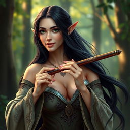 A half-elf bard with long, dark hair and mesmerizing green eyes