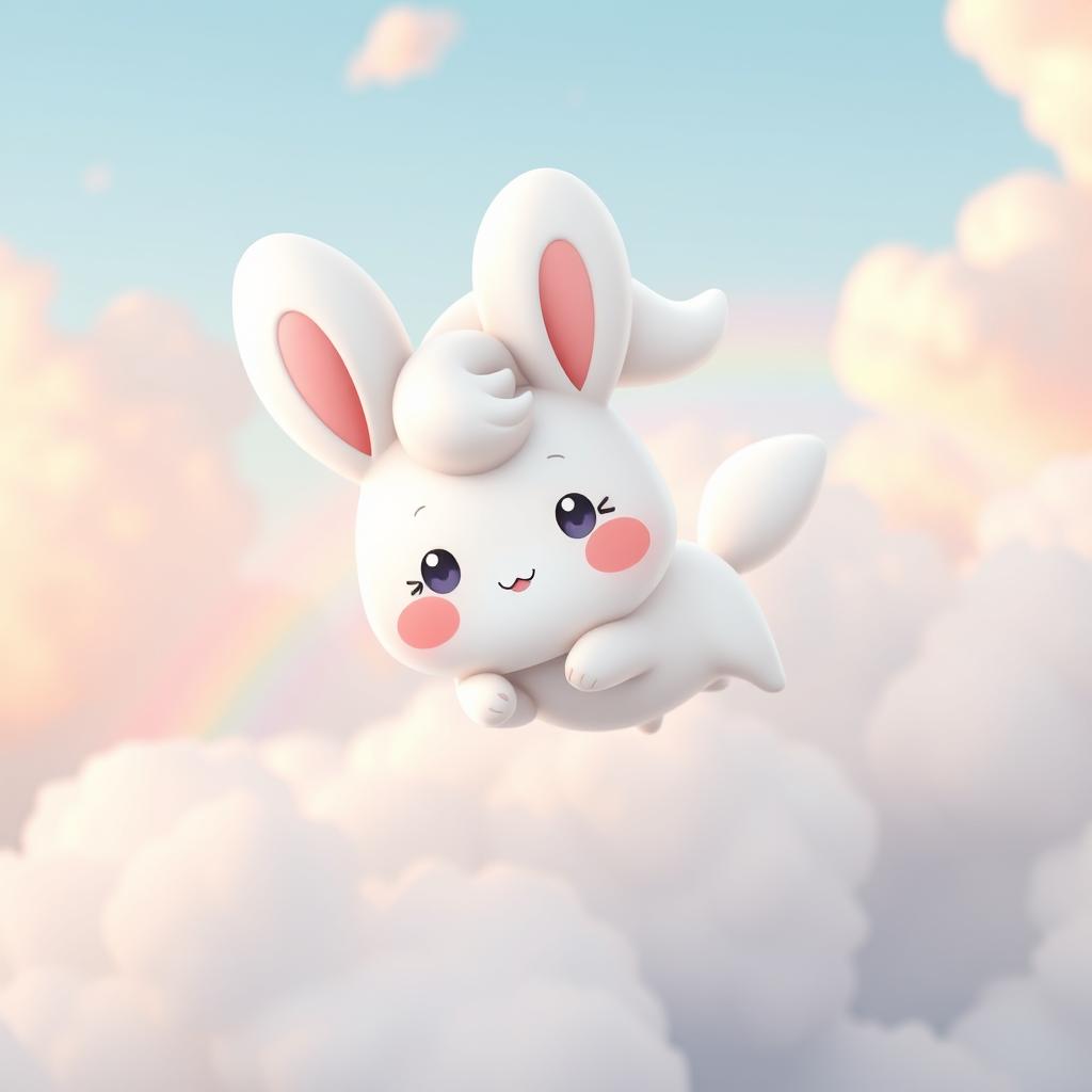 A delightful and cute depiction of Cinnamoroll, the adorable white puppy with long floppy ears resembling a cinnamon roll, flying happily in a dreamy, pastel-colored sky with fluffy clouds and a gentle rainbow