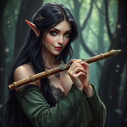 A half-elf bard with long, dark hair and mesmerizing green eyes