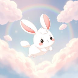 A delightful and cute depiction of Cinnamoroll, the adorable white puppy with long floppy ears resembling a cinnamon roll, flying happily in a dreamy, pastel-colored sky with fluffy clouds and a gentle rainbow