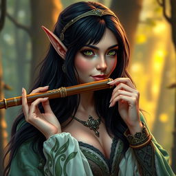 A half-elf bard with long, dark hair and mesmerizing green eyes