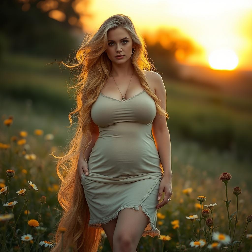 A voluptuous version of Rapunzel, with her long, flowing golden hair cascading around her as she stands in a gentle field of wildflowers