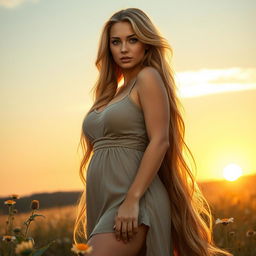 A voluptuous version of Rapunzel, with her long, flowing golden hair cascading around her as she stands in a gentle field of wildflowers