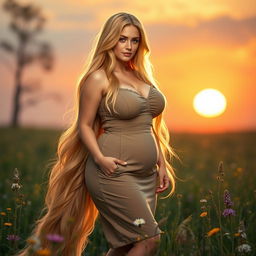 A voluptuous version of Rapunzel, with her long, flowing golden hair cascading around her as she stands in a gentle field of wildflowers