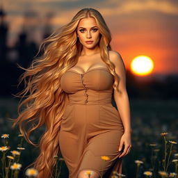 A voluptuous version of Rapunzel, with her long, flowing golden hair cascading around her as she stands in a gentle field of wildflowers