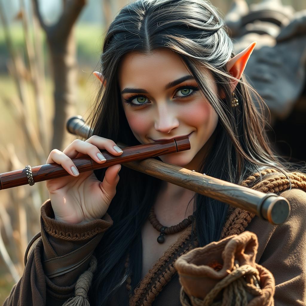 A half-elf bard with long, dark hair and captivating green eyes