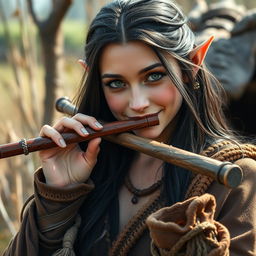 A half-elf bard with long, dark hair and captivating green eyes