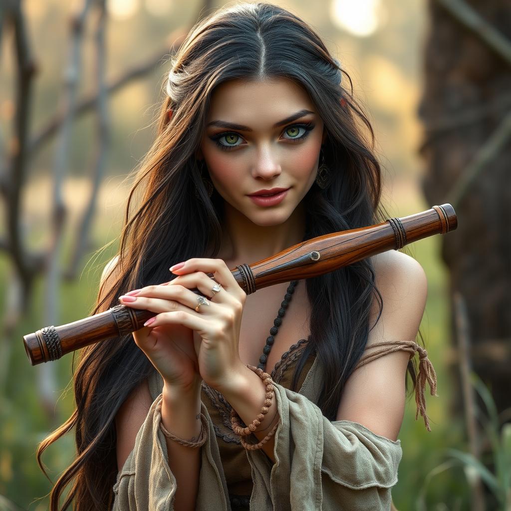 A half-elf bard with long, dark hair and captivating green eyes