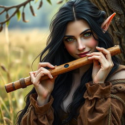 A half-elf bard with long, dark hair and captivating green eyes