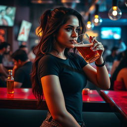 A stunning Indian woman in a sexy black t-shirt is enjoying a beer at a bar