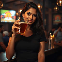 A stunning Indian woman in a sexy black t-shirt is enjoying a beer at a bar