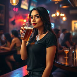 A stunning Indian woman in a sexy black t-shirt is enjoying a beer at a bar