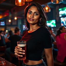 A stunning Indian woman in a sexy black t-shirt is enjoying a beer at a bar