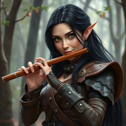 A half-elf bard with long, dark hair and striking green eyes