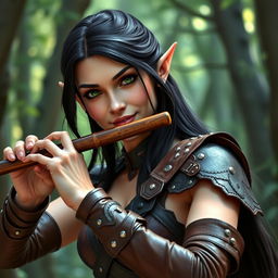 A half-elf bard with long, dark hair and striking green eyes