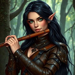 A half-elf bard with long, dark hair and striking green eyes