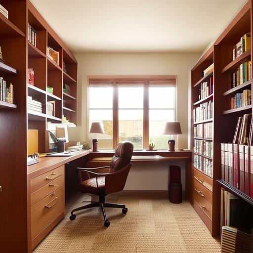 A well-lit, spacious home office with modern furnishings, large windows, a sturdy oak desk, a high-backed leather chair, and shelves filled with books and decorative trinkets. Carpets of earthy tones add warmth to the space.