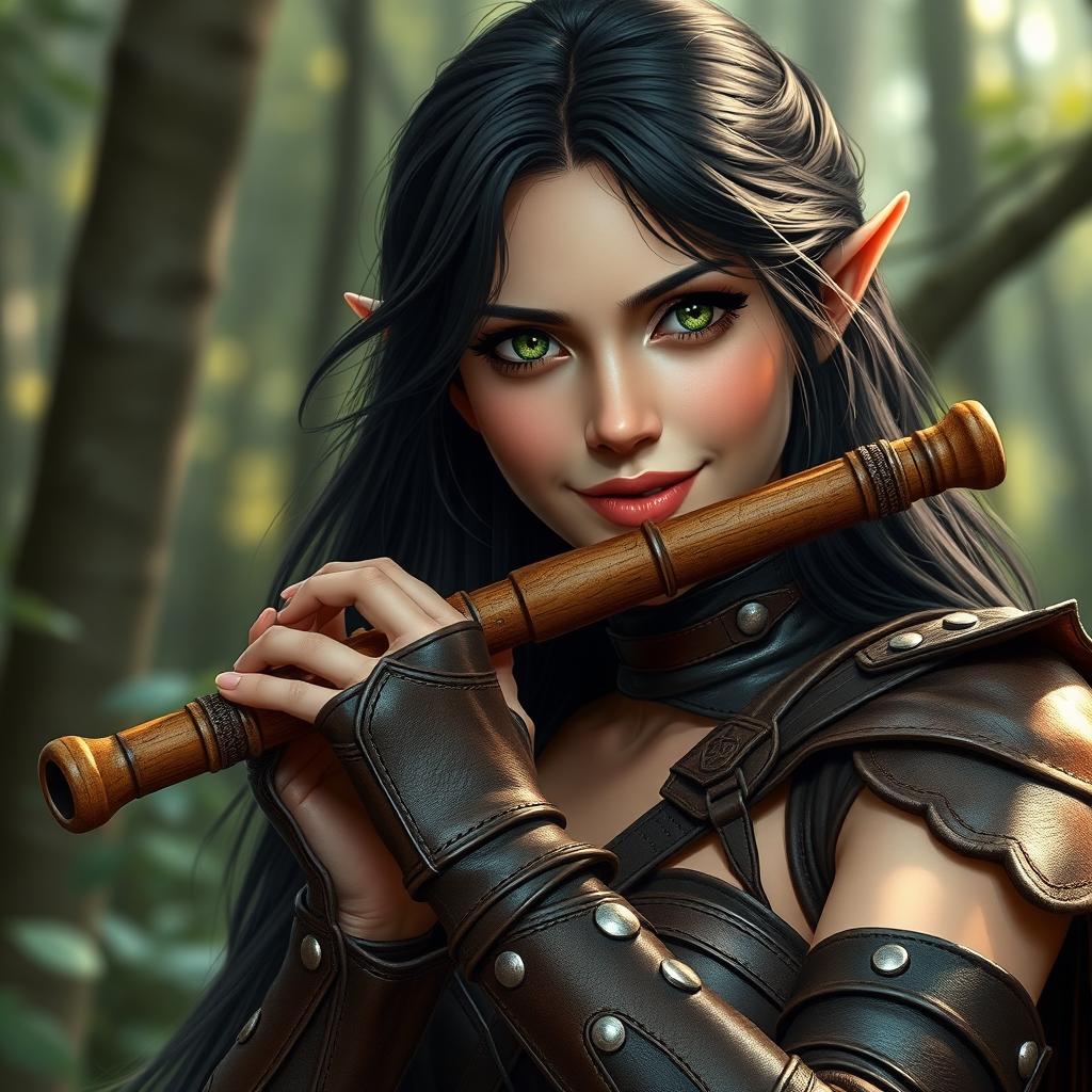 A half-elf bard with long, dark hair and striking green eyes