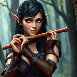 A half-elf bard with long, dark hair and striking green eyes