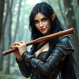 A half-elf bard with long, dark hair and striking green eyes