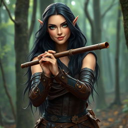 A half-elf bard with long, dark hair and striking green eyes