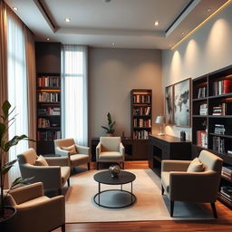 A sophisticated and stylish psychological therapy office, featuring a modern and calming design, with comfortable seating arrangements, elegant bookshelves filled with psychology books, a minimalist desk, soft ambient lighting, and abstract art pieces on the walls