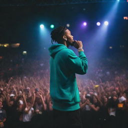 A detailed scene of a vibrant rap concert in a large stadium with a powerful rapper performing on stage, illuminated by colorful lights and surrounded by a cheering audience.